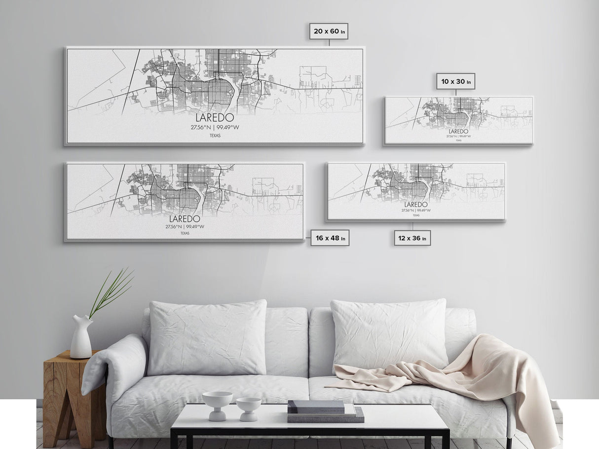 Panoramic Laredo City Map, Texas Art, Map Print, Minimalist Wall Art, Canvas Art, Housewarming Gift, Street Map Art, Closing Gift