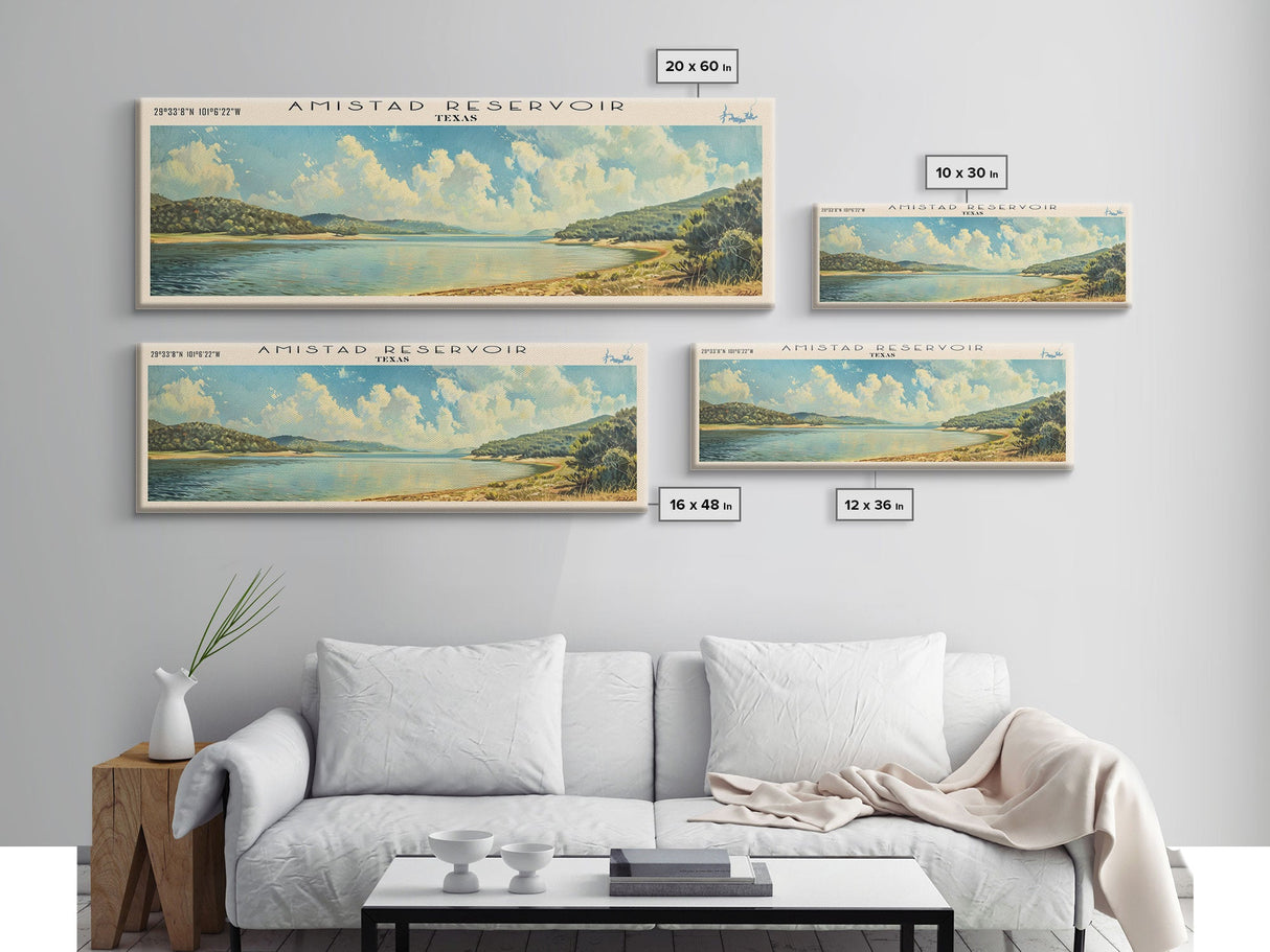 Amistad Reservoir Texas Panoramic Framed Canvas Print, Lake House Decor, Modern Art, Travel Poster, Scenic View, Water Reflection