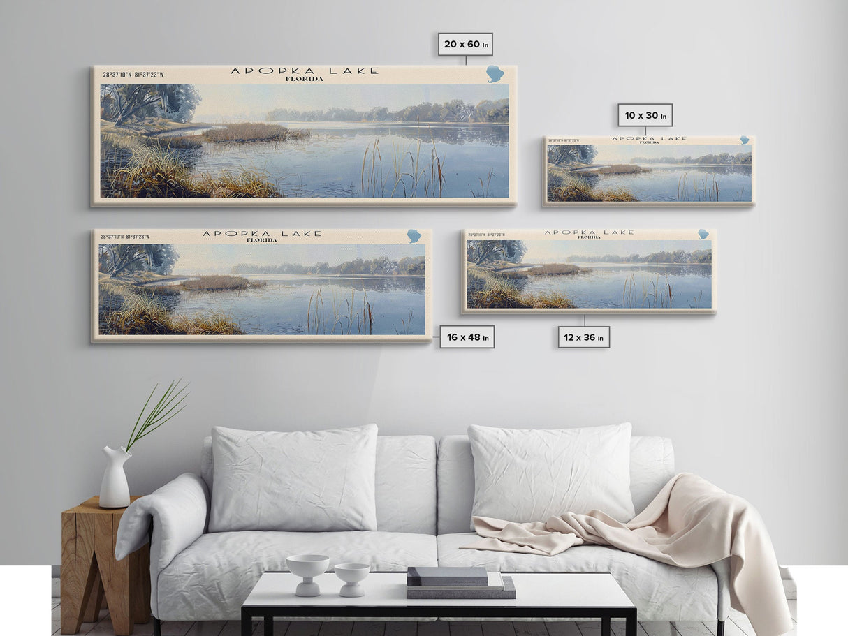 Apopka Lake Panoramic Framed Canvas Print, Lake House Art, Vintage Style, Travel Poster, Nature Scene, Scenic Artwork