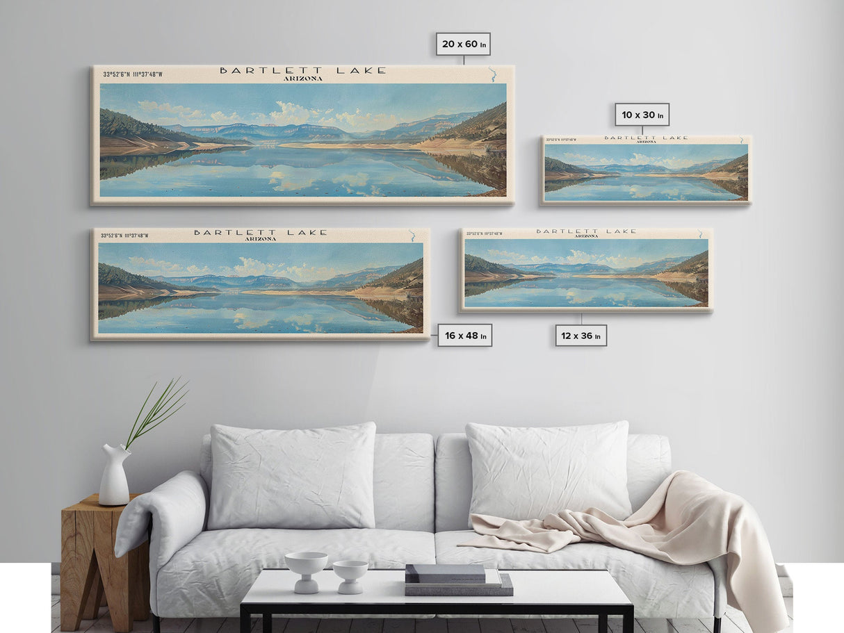 Bartlett Lake Arizona Framed Canvas Print, Panoramic Lake House Art, Scenic Painting, Travel Poster, Minimalist Wall Art, Home Decor