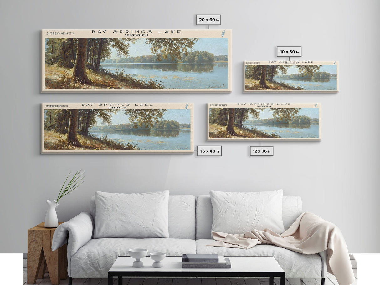 Bay Springs Lake Mississippi Framed Canvas Print, Panoramic Lake House Art, Scenic Painting, Travel Poster, Modern Decor, Nature Scene