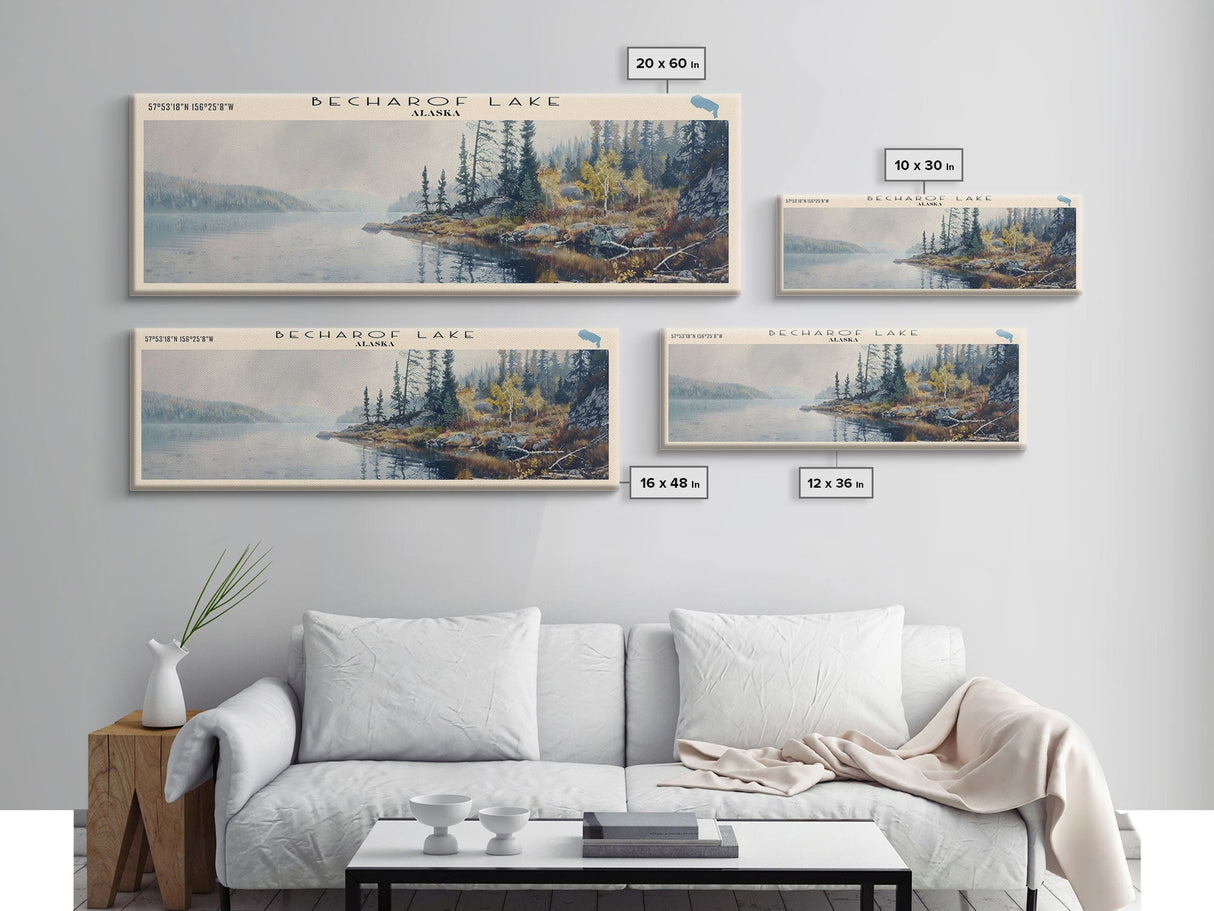 Becharof Lake Panoramic Framed Canvas Print, Lake House Decor, Scenic View, Travel Poster, Modern Art, Nature Scene