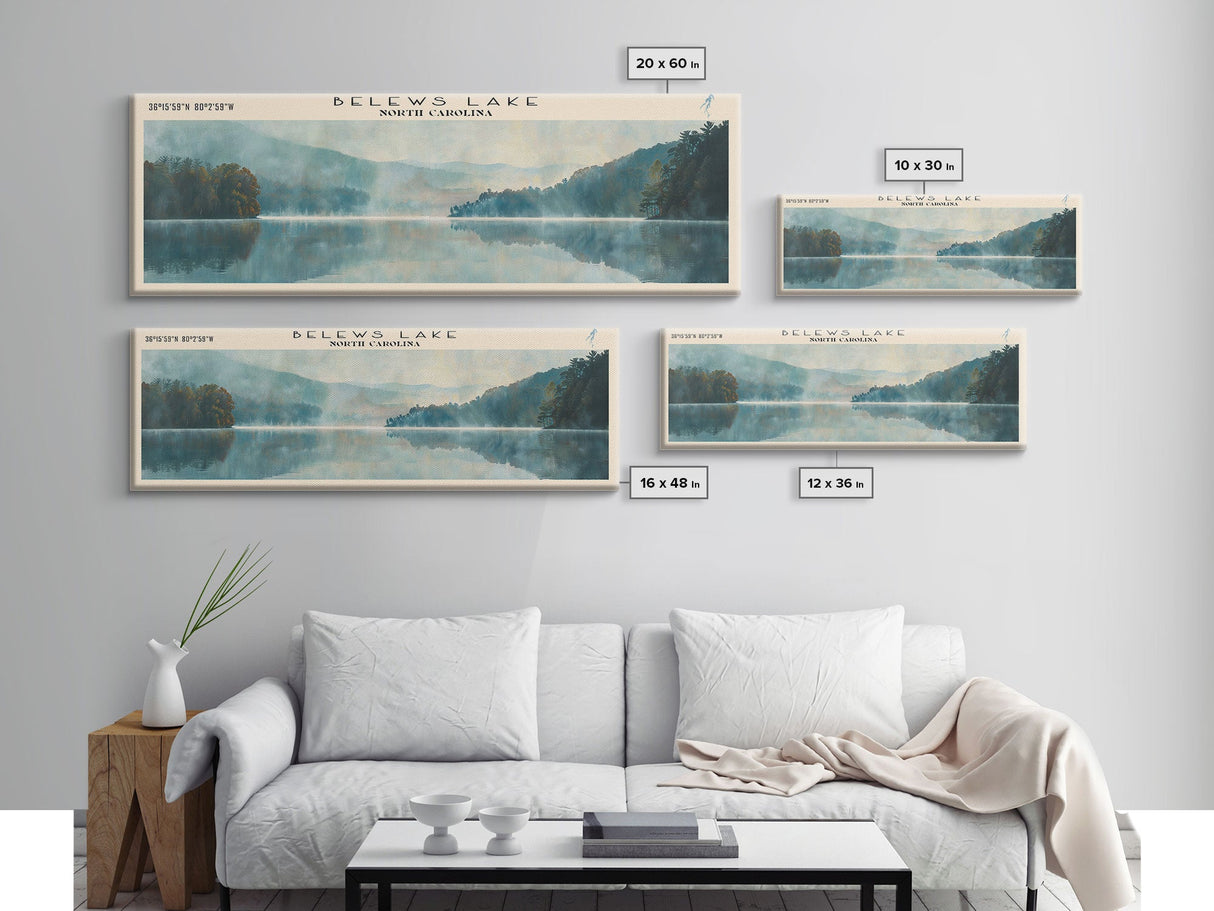 Belews Lake North Carolina Panoramic Framed Canvas Print, Lake House Decor, Scenic View, Travel Poster, Minimalist Art, Home Decor