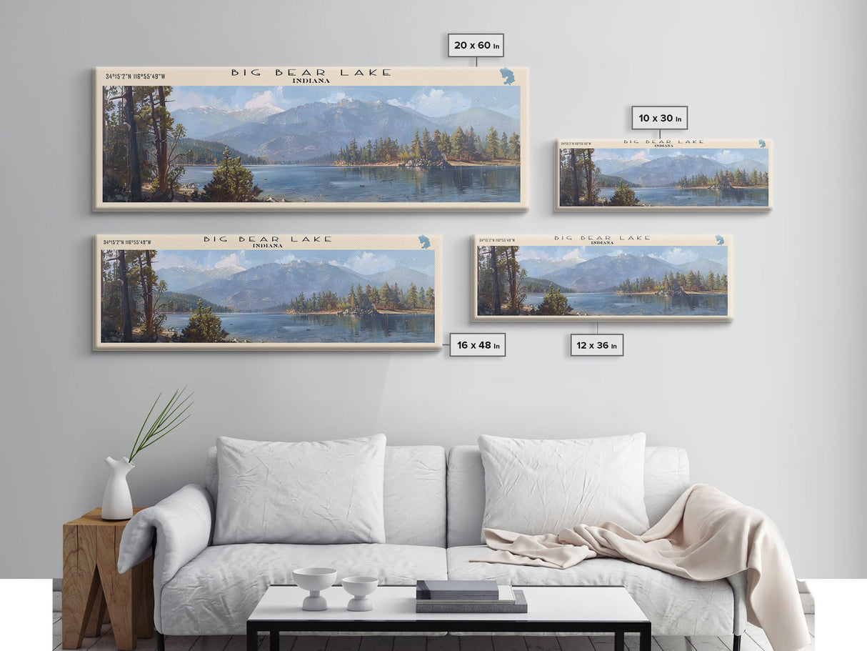 Big Bear Lake California Panoramic Framed Canvas Print, Lake House Decor, Scenic View, Travel Poster, Modern Art, Nature Wall Art