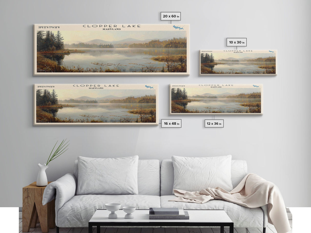 Cobbosseecontee Lake Maine Framed Canvas Print, Panoramic Lake House Decor, Wide Wall Art, Travel Poster, Rustic Lake Painting, Nature Art