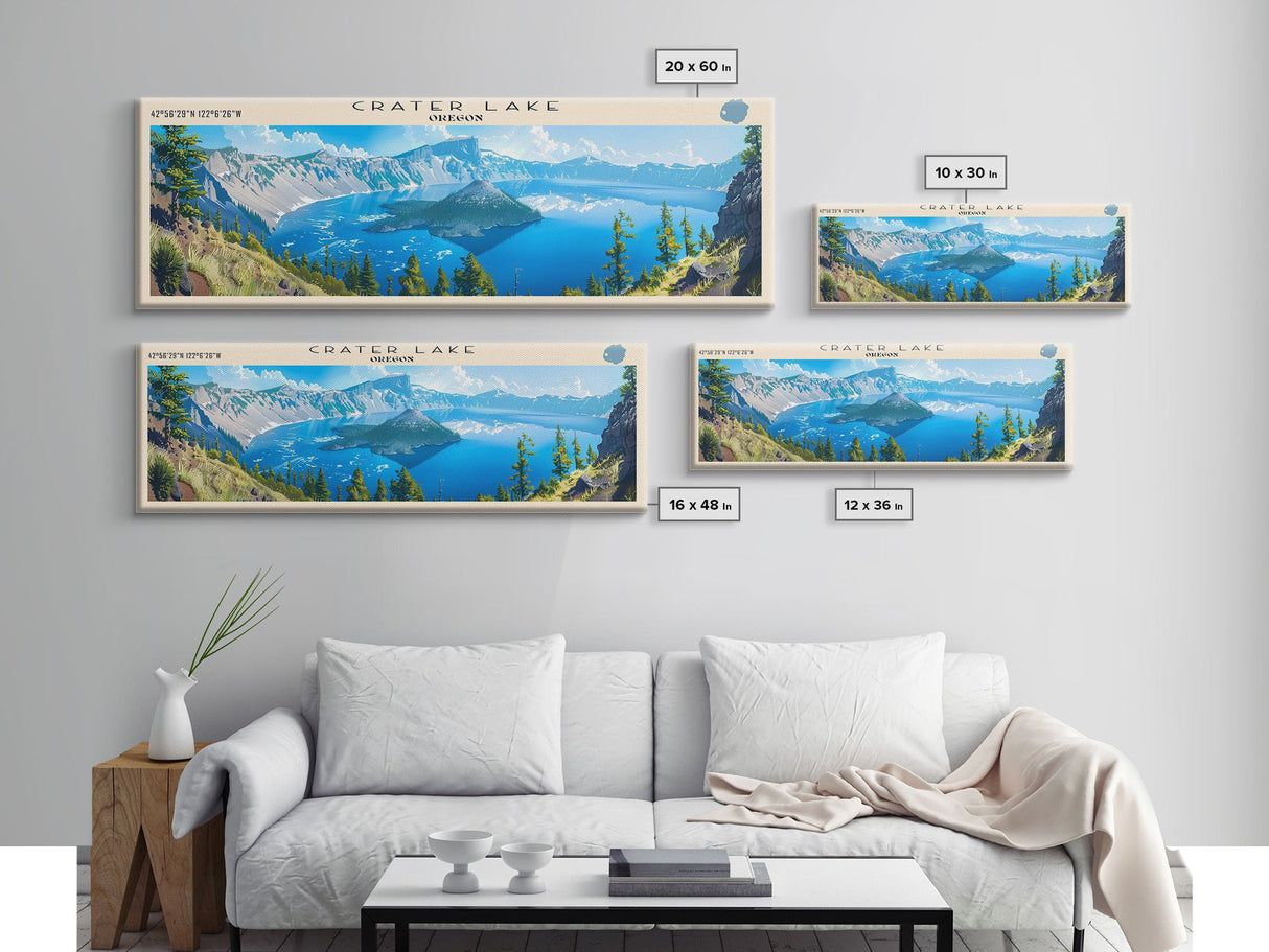 Crater Lake Framed Canvas Print, Lake House Decor, Panoramic Wide Art, Travel Poster, Rustic Lake Painting, Home Decor