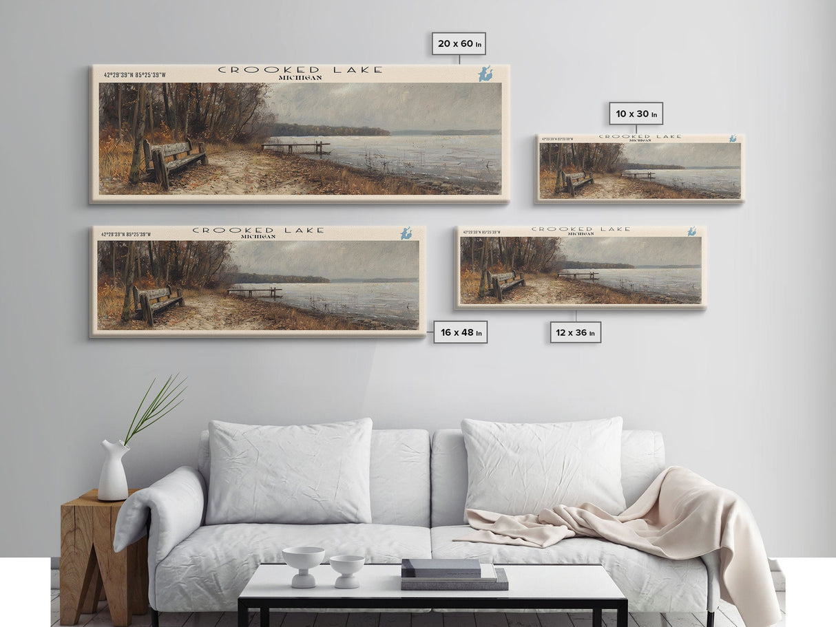 Crooked Lake Indiana Framed Canvas Print, Panoramic Lake House Decor, Wall Art, Travel Poster, Rustic Lake Painting, Nature Art