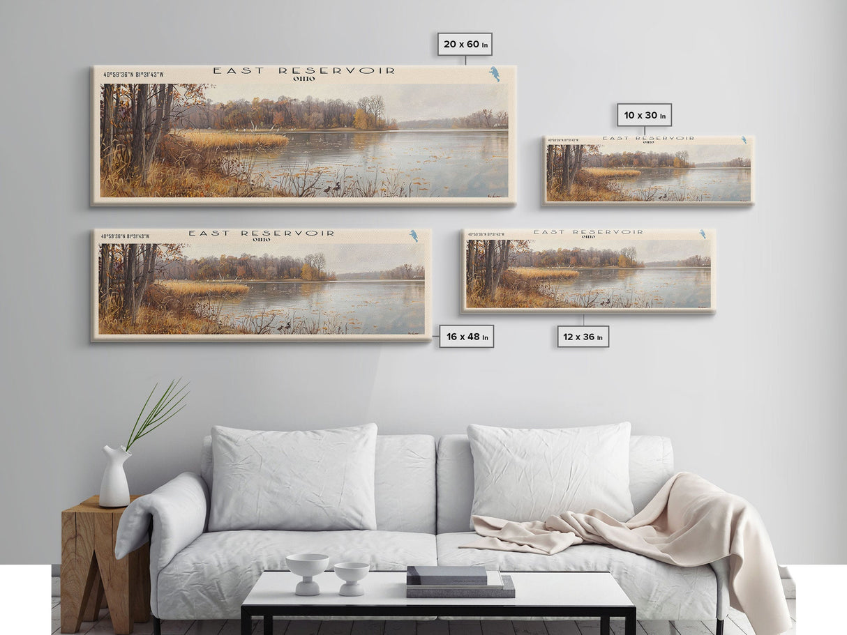 East Reservoir Ohio Framed Canvas Print, Lake House Art, Panoramic Wall Art, Travel Poster, Modern Lake Painting, Nature Art