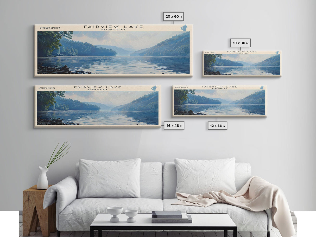 Fairview Lake Pennsylvania Framed Canvas Print, Lake House Decor, Panoramic Wall Art, Travel Poster, Rustic Lake Painting, Home Decor