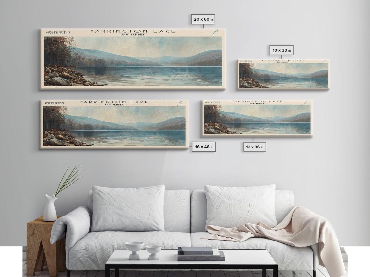 Farrington Lake New Jersey Framed Canvas Print, Lake House Decor, Panoramic Wall Art, Travel Poster, Modern Lake Painting, Nature Art