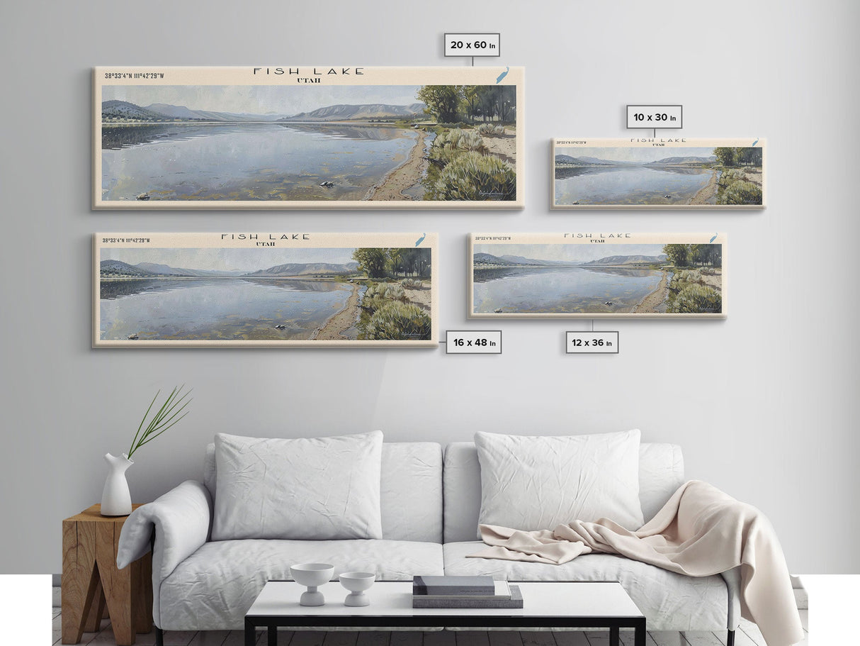 Fish Lake Utah Framed Canvas Print, Panoramic Lake House Decor, Wall Art, Travel Poster, Tranquil Lake Painting, Nature Art