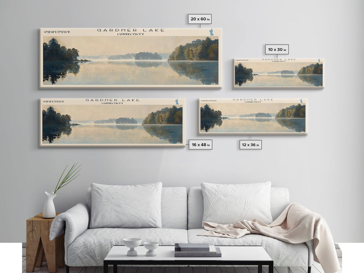 Gardner Lake Connecticut Framed Canvas Print, Lake House Art, Panoramic Wall Art, Travel Poster, Tranquil Lake Painting, Home Decor