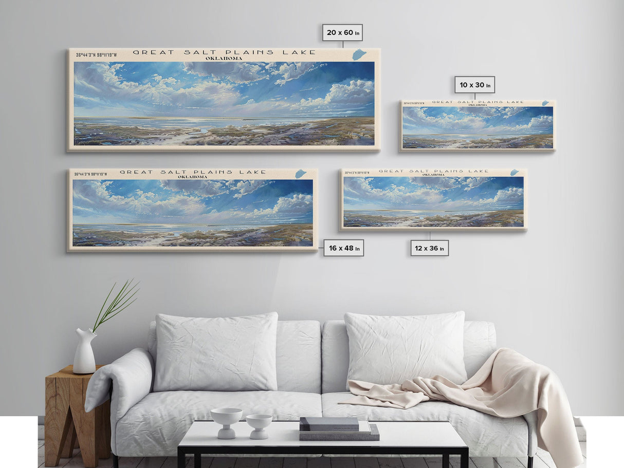 Great Salt Plains Lake Oklahoma Framed Canvas Print, Lake House Art, Panoramic Wall Art, Travel Poster, Scenic Lake Painting, Home Decor