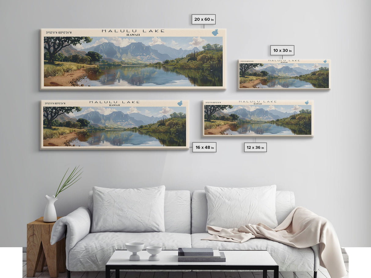 Halulu Lake Hawaii Framed Canvas Print, Lake House Art, Panoramic Wall Art, Travel Poster, Beautiful Lake Painting, Home Decor