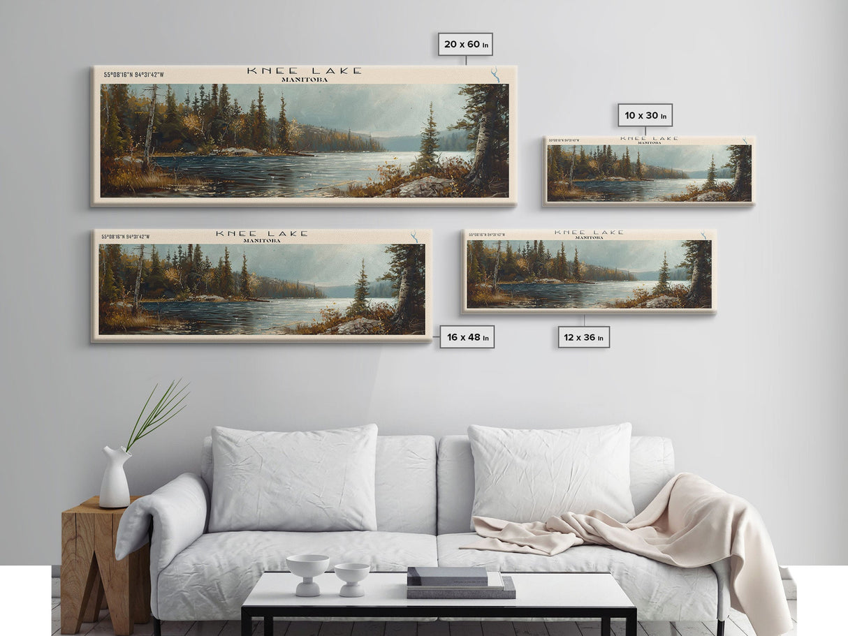 Knee Lake Framed Canvas Print, Panoramic Lake House Decor, Wall Art, Travel Poster, Scenic Lake Painting, Nature Art