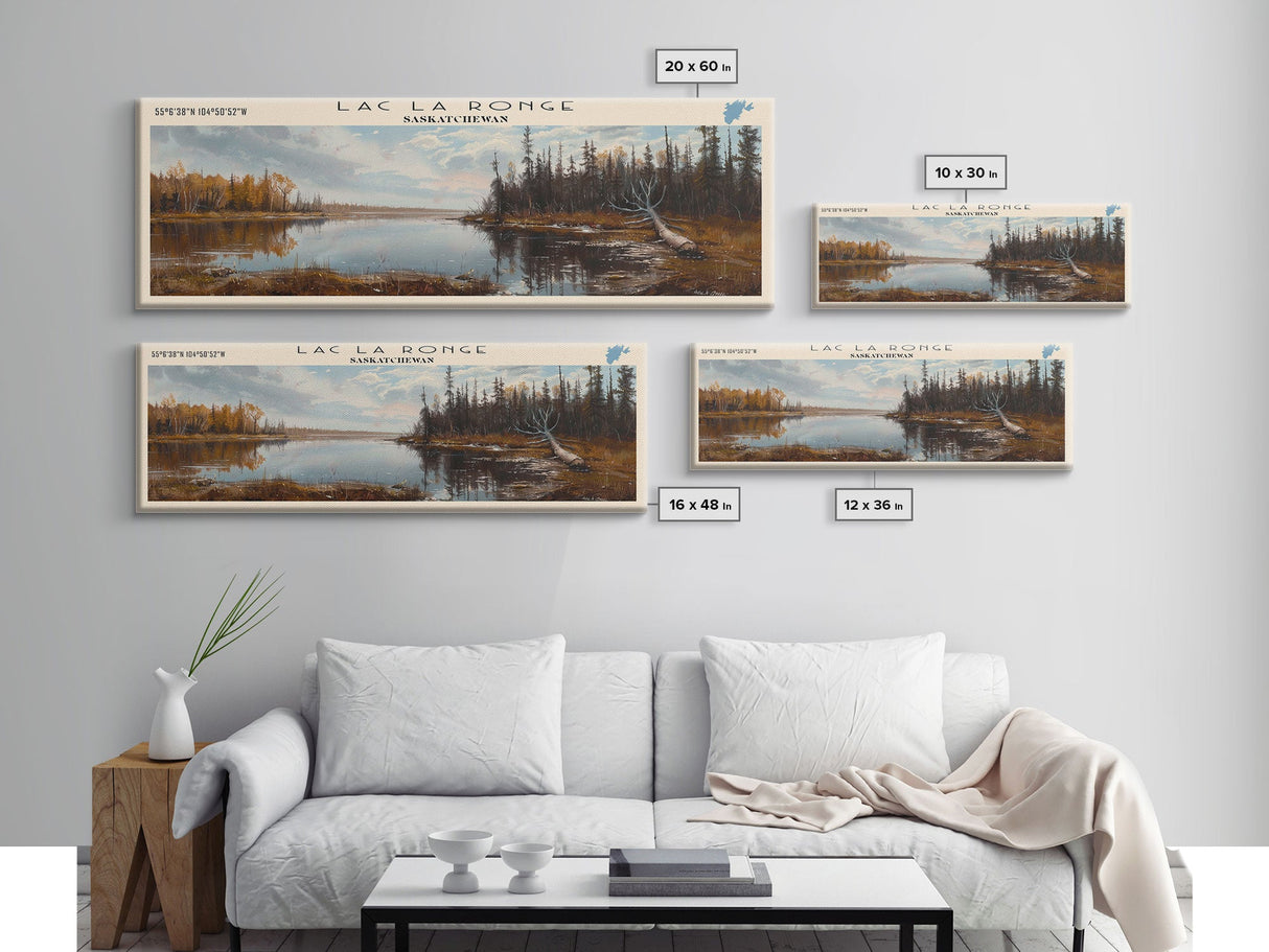 Lac La Ronge Framed Canvas Print, Lake House Art, Panoramic Wall Art, Travel Poster, Captivating Lake Painting, Nature Art