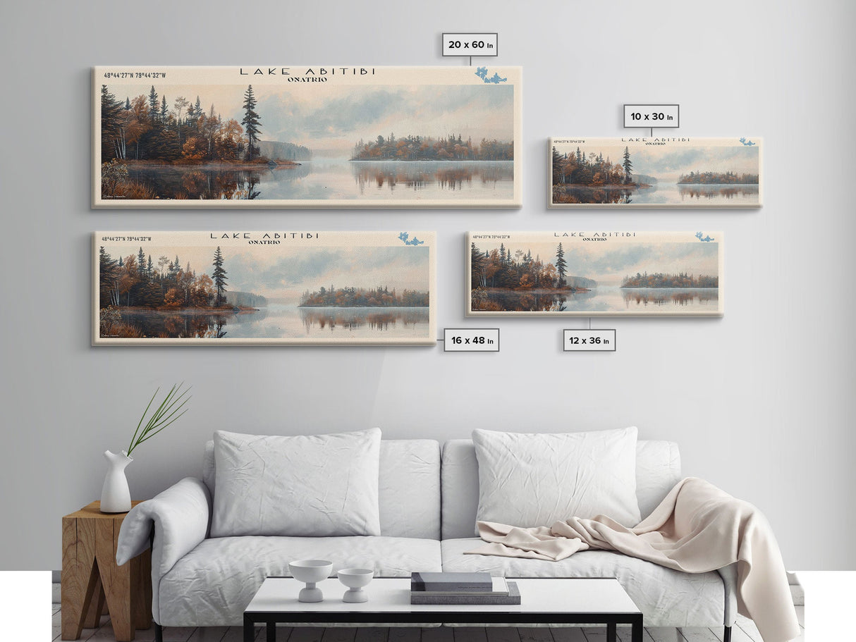 Lake Abitibi Framed Canvas Print, Lake House Art, Panoramic Travel Poster, Wall Art, Stunning Lake Painting, Home Decor