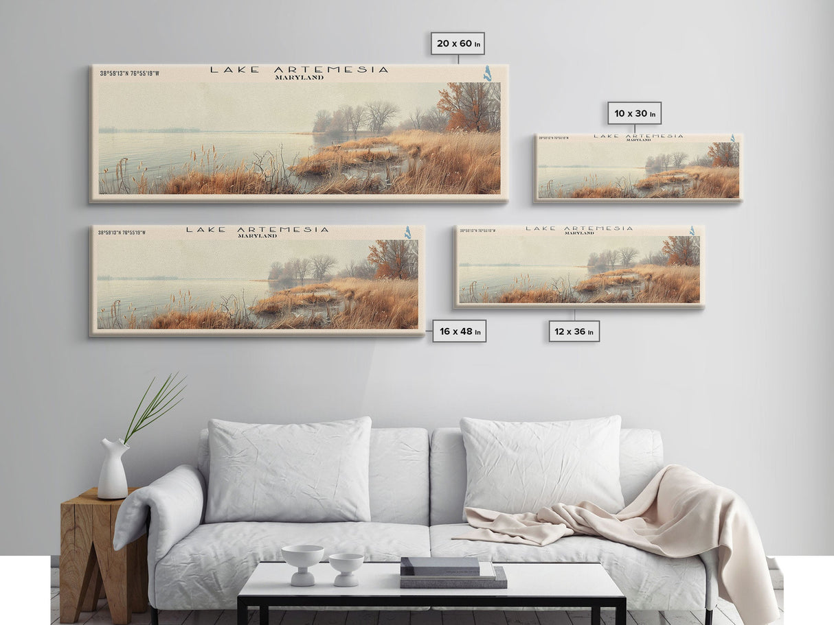 Lake Artemesia Maryland Framed Canvas Print, Lake House Art, Panoramic Wall Art, Travel Poster, Scenic Lake Painting, Home Decor