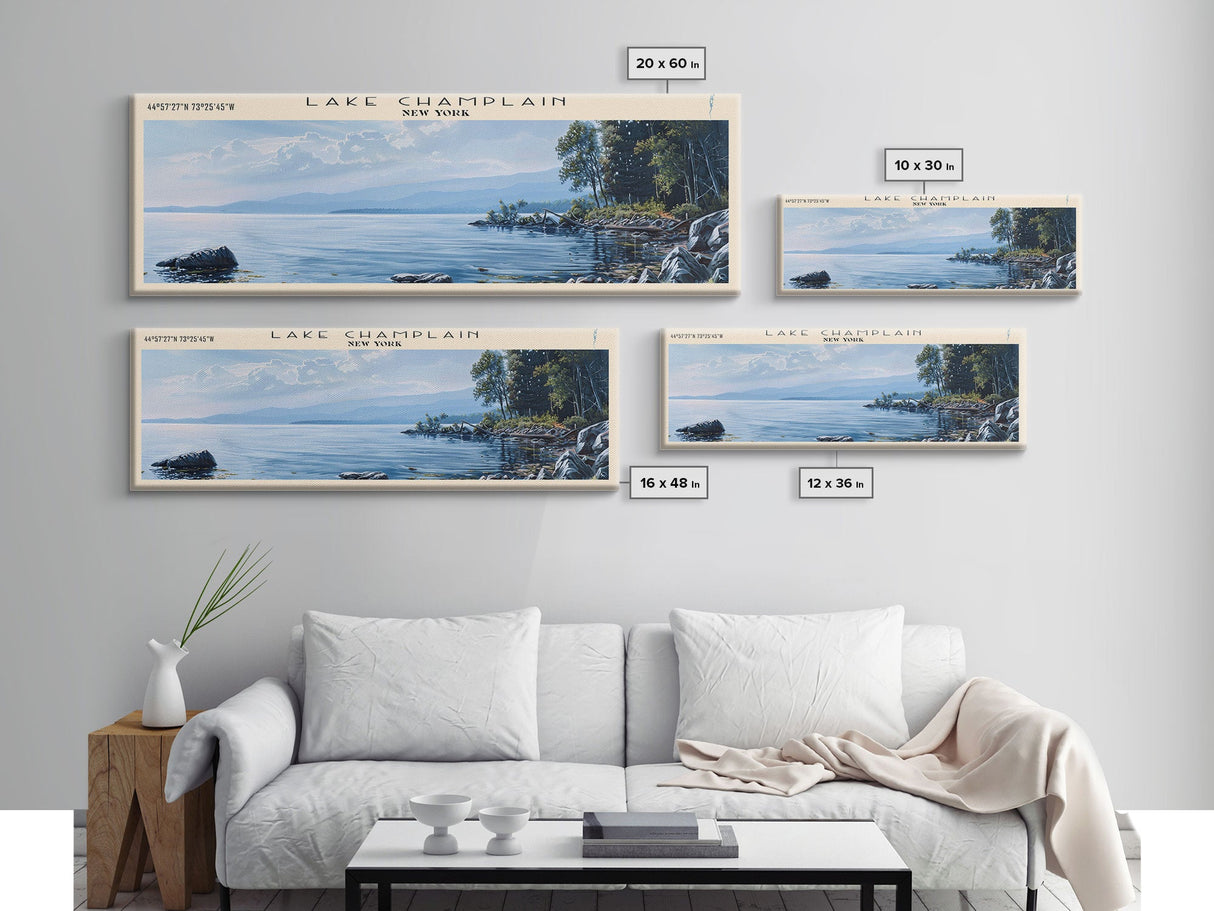 Lake Champlain Framed Canvas Print, Lake House Art, Panoramic Wall Art, Travel Poster, Captivating Lake Painting, Home Decor