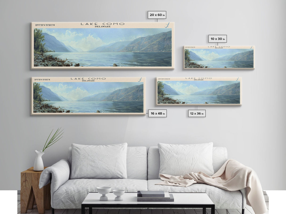 Lake Como Delaware Framed Canvas Print, Lake House Decor, Panoramic Wall Art, Travel Poster, Stunning Lake Painting, Nature Art