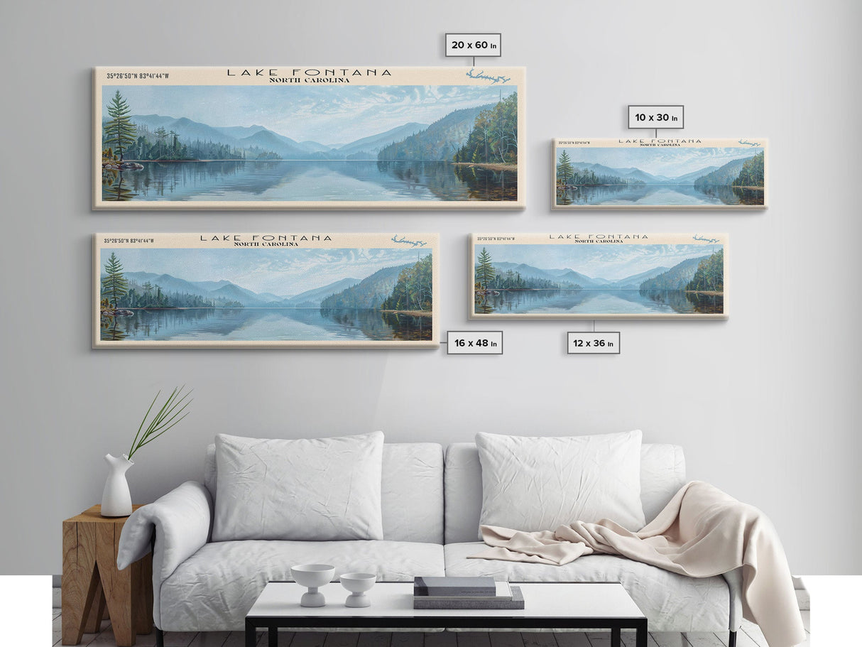 Lake Fontana North Carolina Framed Canvas Print, Lake House Decor, Panoramic Wall Art, Travel Poster, Beautiful Lake Painting, Home Art