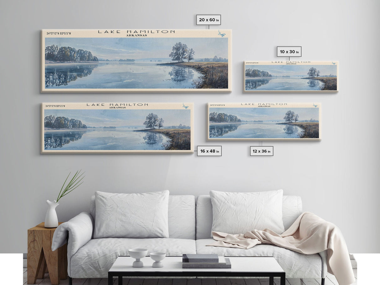 Lake Hamilton Arkansas Framed Canvas Print, Lake House Decor, Panoramic Wall Art, Travel Poster, Beautiful Lake Painting, Home Art