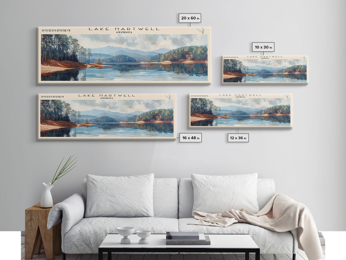 Lake Hartwell Georgia Framed Canvas Print, Lake House Decor, Panoramic Wall Art, Travel Poster, Serene Lake Painting, Nature Art