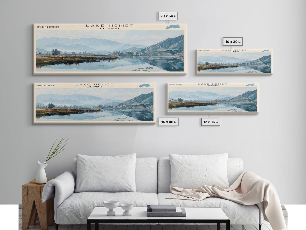 Lake Hemet California Framed Canvas Print, Lake House Decor, Panoramic Wall Art, Travel Poster, Serene Lake Painting, Nature Art