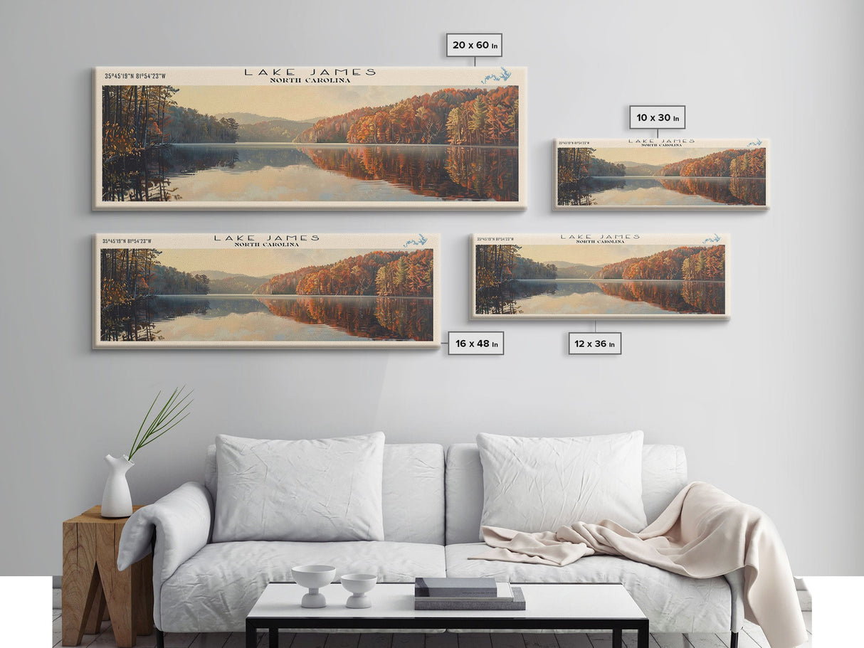 Lake James North Carolina Framed Canvas Print, Lake House Decor, Panoramic Wall Art, Travel Poster, Scenic Lake Painting, Nature Art