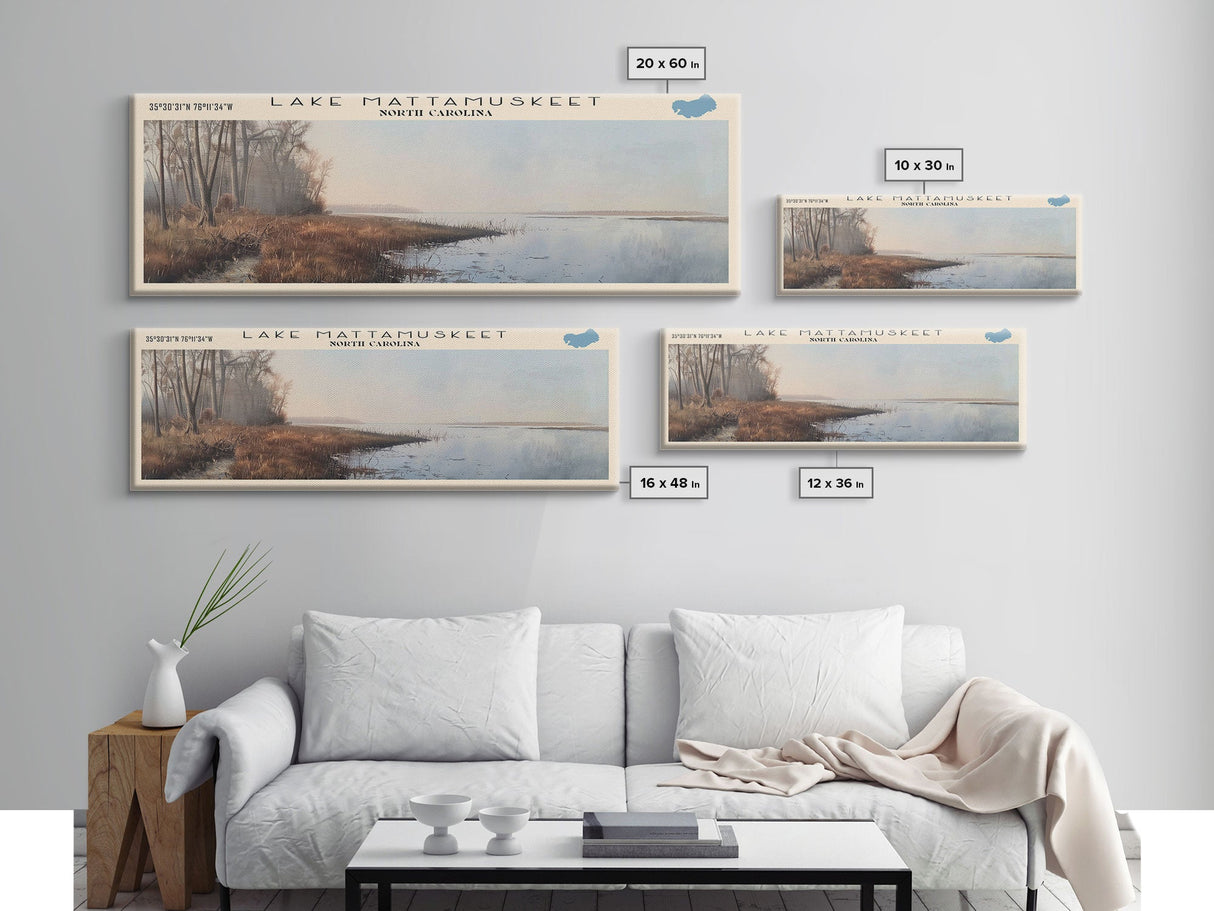 Lake Mattamuskeet North Carolina Framed Canvas Print, Lake House Decor, Panoramic Wall Art, Travel Poster, Beautiful Lakeview Painting, Modern Art