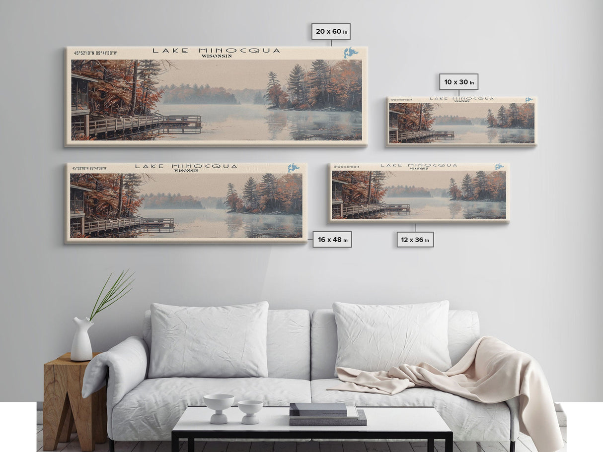 Lake Minocqua Wisconsin Framed Canvas Print, Lake House Decor, Panoramic Wall Art, Travel Poster, Scenic Landscape Painting, Living Room Decor