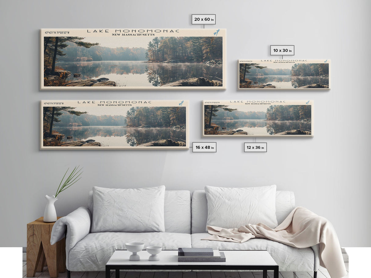 Lake Monomonac Massachusetts Framed Canvas Print, Lake House Decor, Panoramic Wall Art, Travel Poster, Stunning Landscape Painting, Living Room Decor