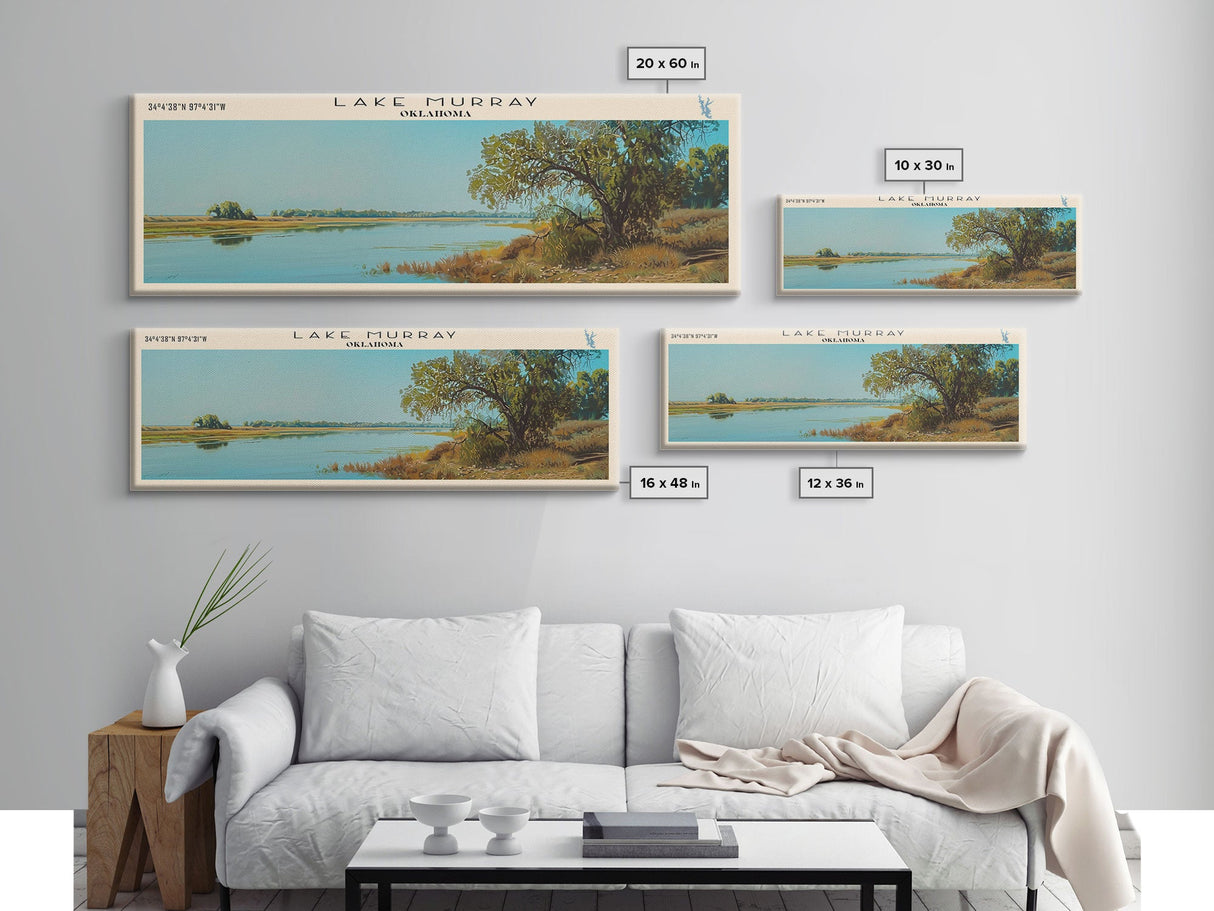 Lake Murray Oklahoma Framed Canvas Print, Lake House Decor, Panoramic Wall Art, Travel Poster, Beautiful Landscape Painting, Bedroom Decor