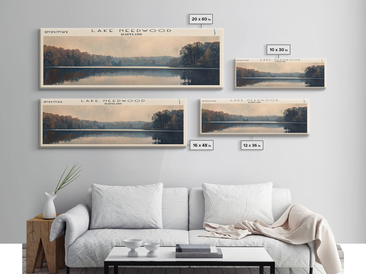 Lake Needwood Maryland Framed Canvas Print, Lake House Decor, Panoramic Wall Art, Travel Poster, Stunning Landscape Painting, Contemporary Art