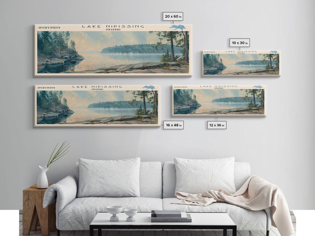 Lake Nipissing Framed Canvas Print, Lake House Decor, Panoramic Wall Art, Travel Poster, Beautiful Landscape Painting, Living Room Decor