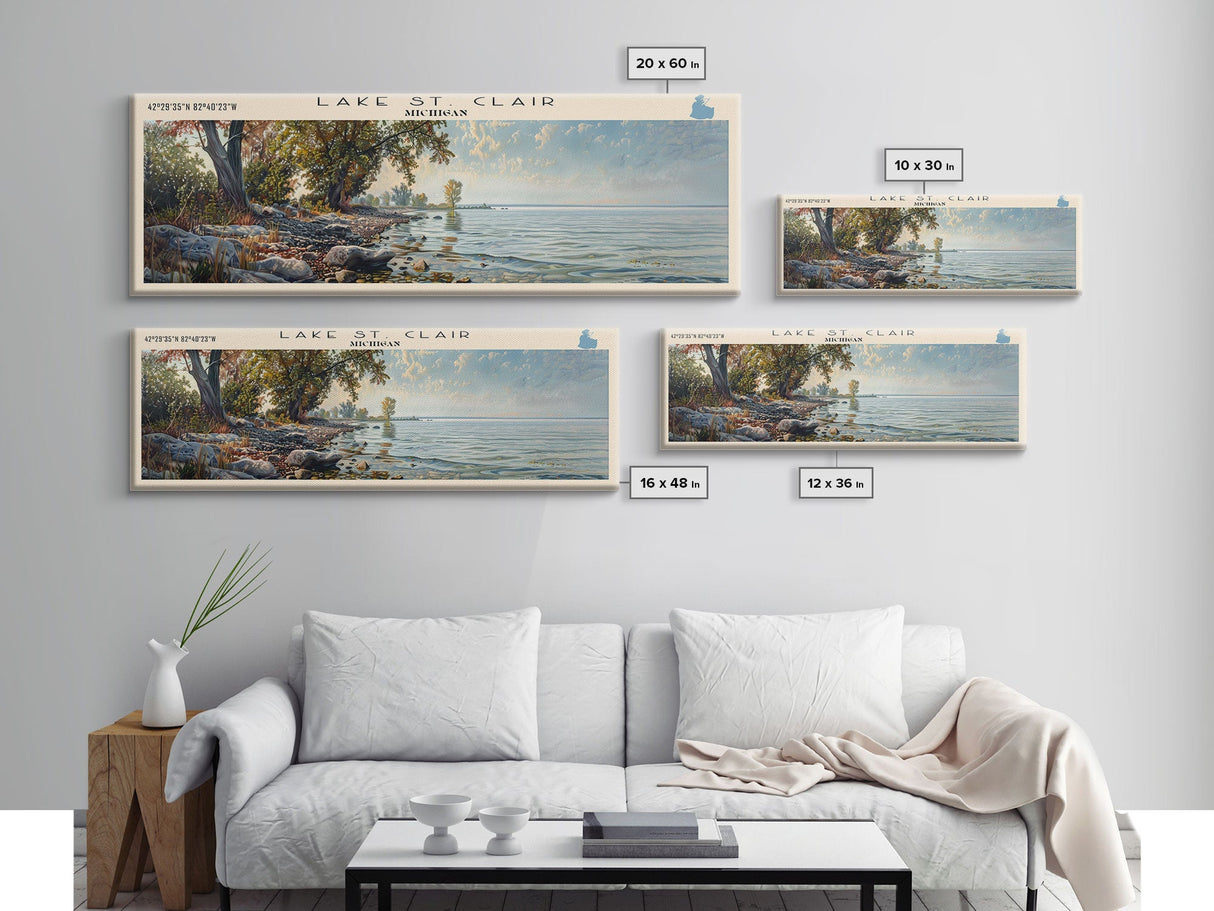 Lake St. Clair Michigan Framed Canvas Print, Lake House Decor, Panoramic Wall Art, Travel Poster, Serene Landscape Painting, Rustic Art