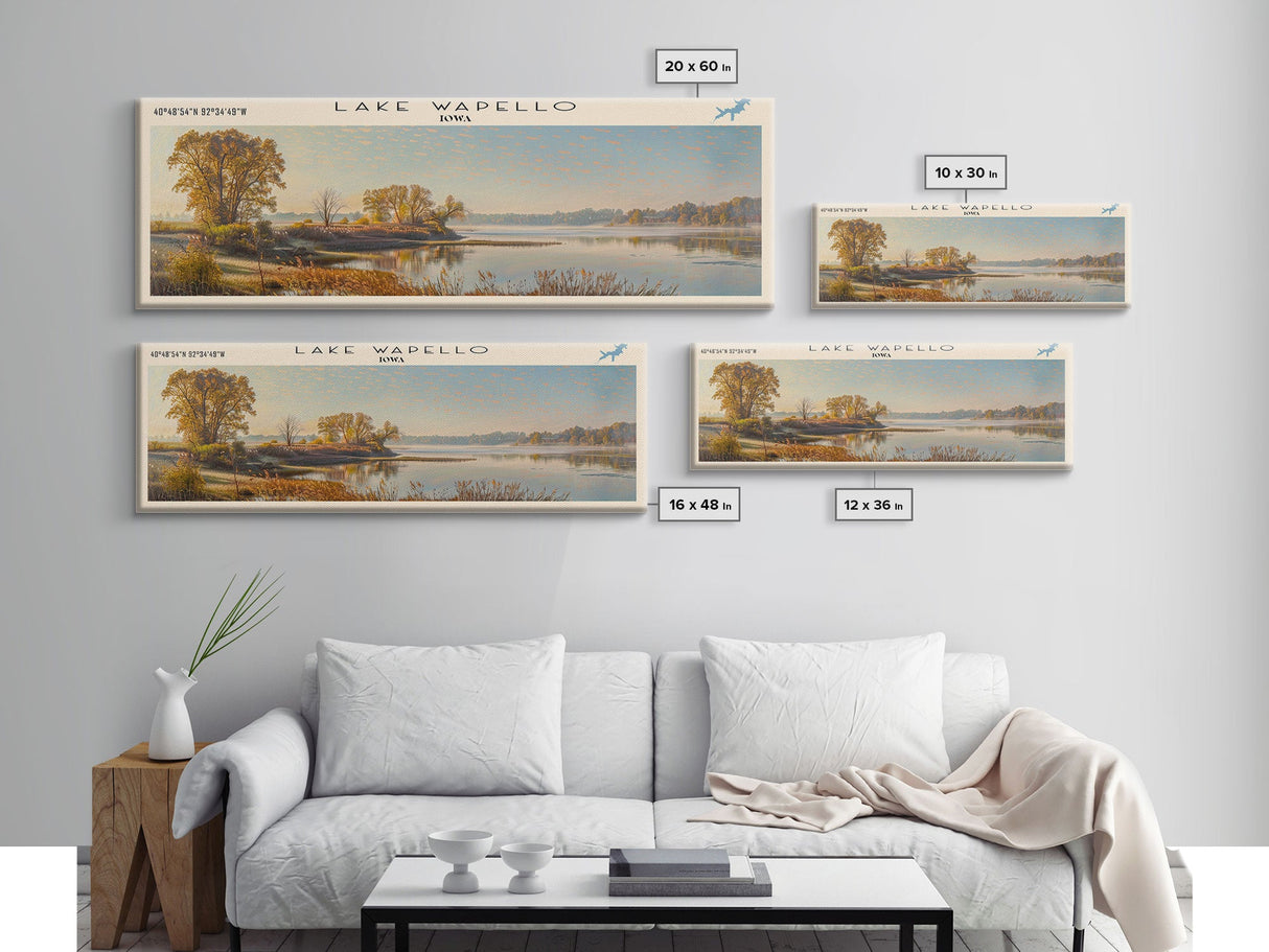 Lake Wapello Iowa Framed Canvas Print, Lake House Decor, Panoramic Wall Art, Travel Poster, Landscape Painting, Modern Art