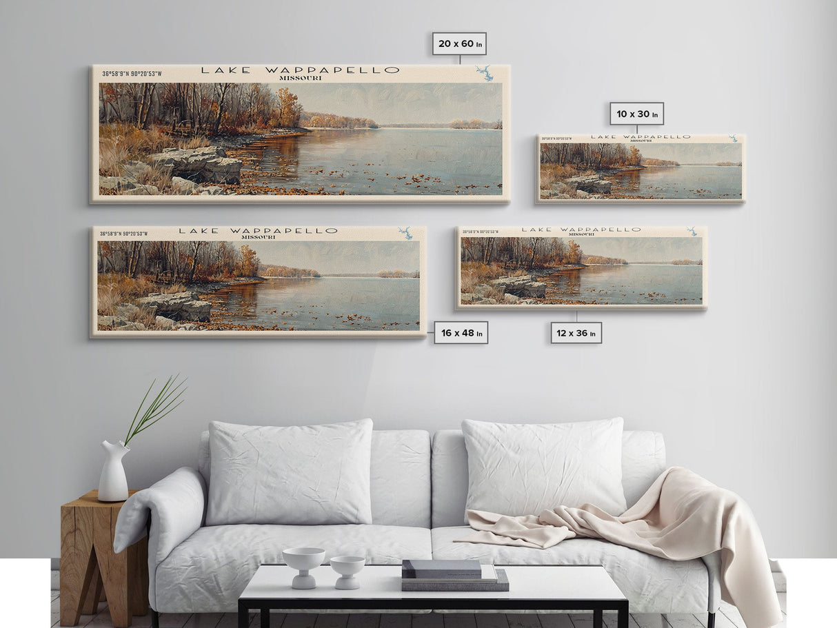 Lake Wappapello Missouri Framed Canvas Print, Lake House Decor, Panoramic Wall Art, Travel Poster, Scenic Landscape Painting, Contemporary Art