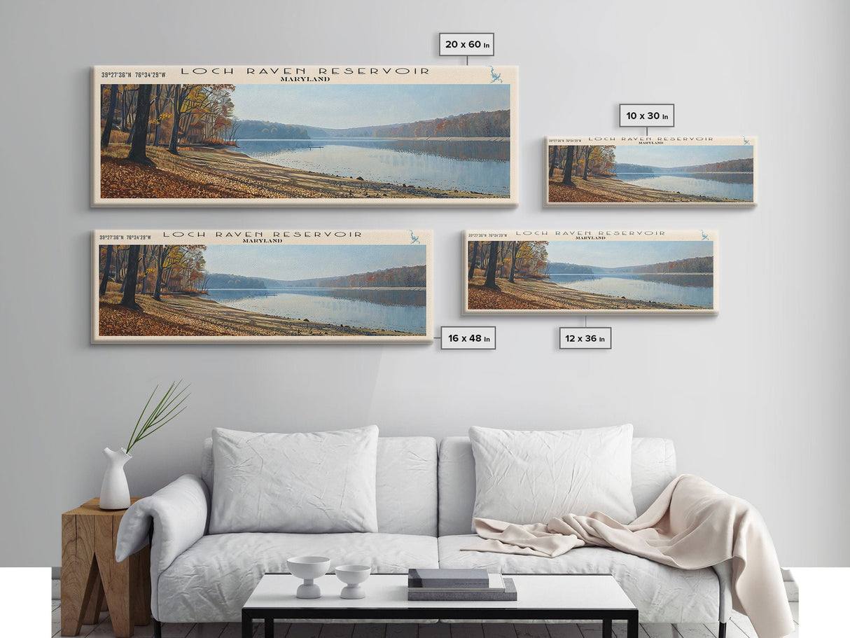 Loch Raven Reservoir Maryland Framed Canvas Print, Lake House Decor, Panoramic Wall Art, Travel Poster, Landscape Painting, Contemporary Art