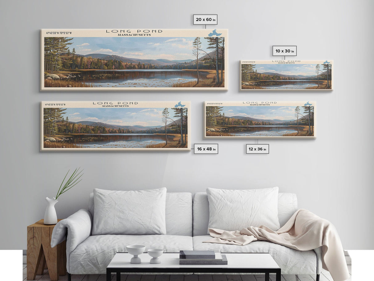 Long Pond Massachusetts Framed Canvas Print, Lake House Decor, Panoramic Wall Art, Travel Poster, Scenic Landscape Painting, Living Room Decor