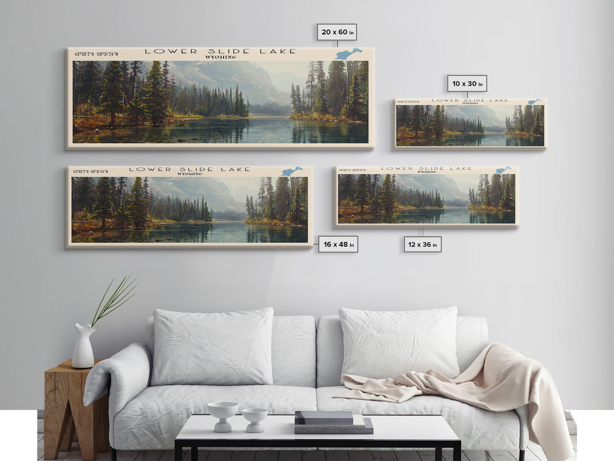 Lower Slide Lake Wyoming Framed Canvas Print, Lake House Decor, Panoramic Wall Art, Travel Poster, Landscape Painting, Bedroom Decor