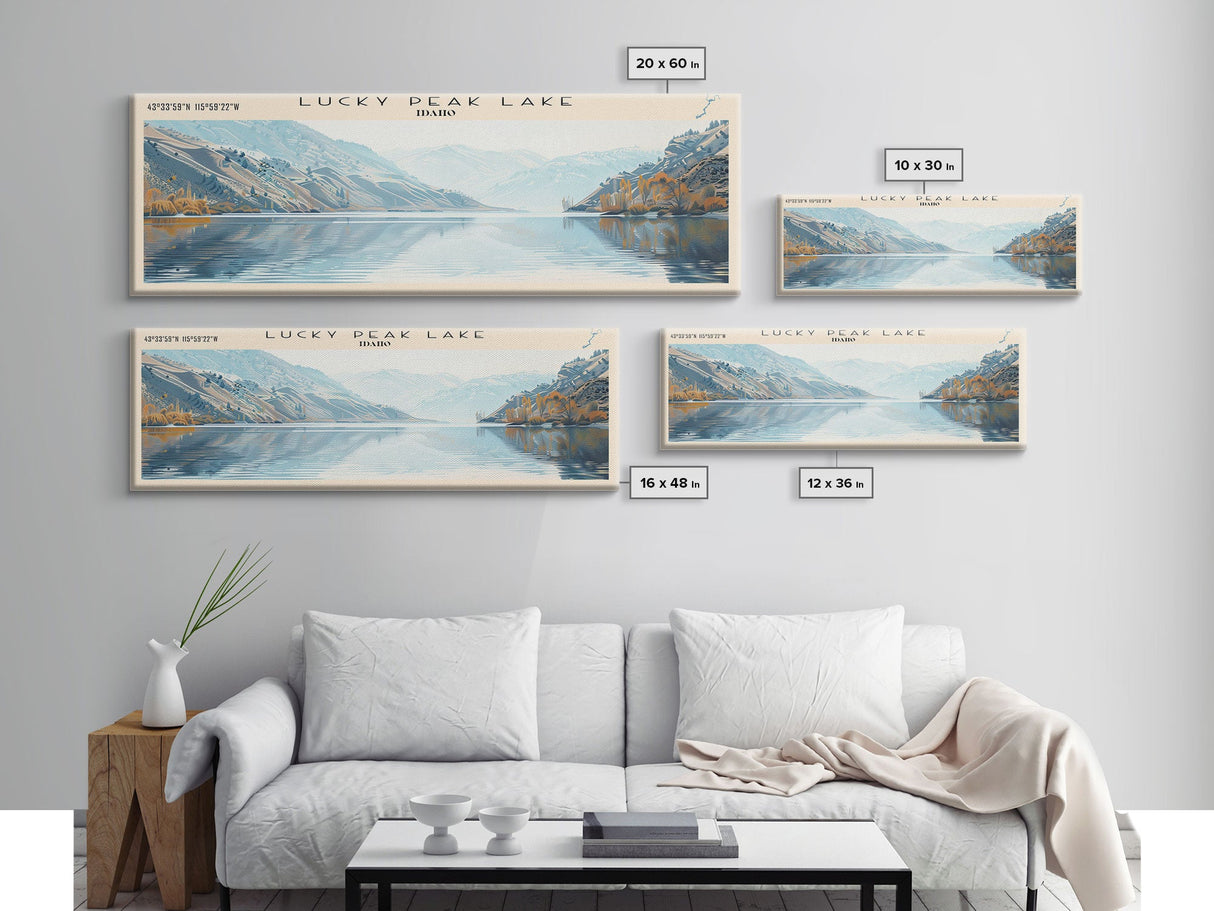 Lucky Peak Lake Idaho Framed Canvas Print, Lake House Decor, Panoramic Wall Art, Travel Poster, Landscape Painting, Modern Art