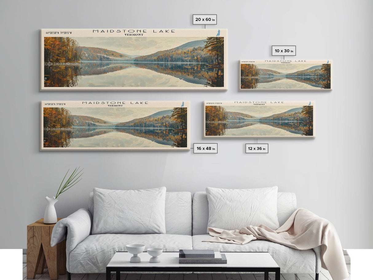 Maidstone Lake Vermont Framed Canvas Print, Lake House Decor, Panoramic Wall Art, Travel Poster, Beautiful Landscape Painting, Modern Art