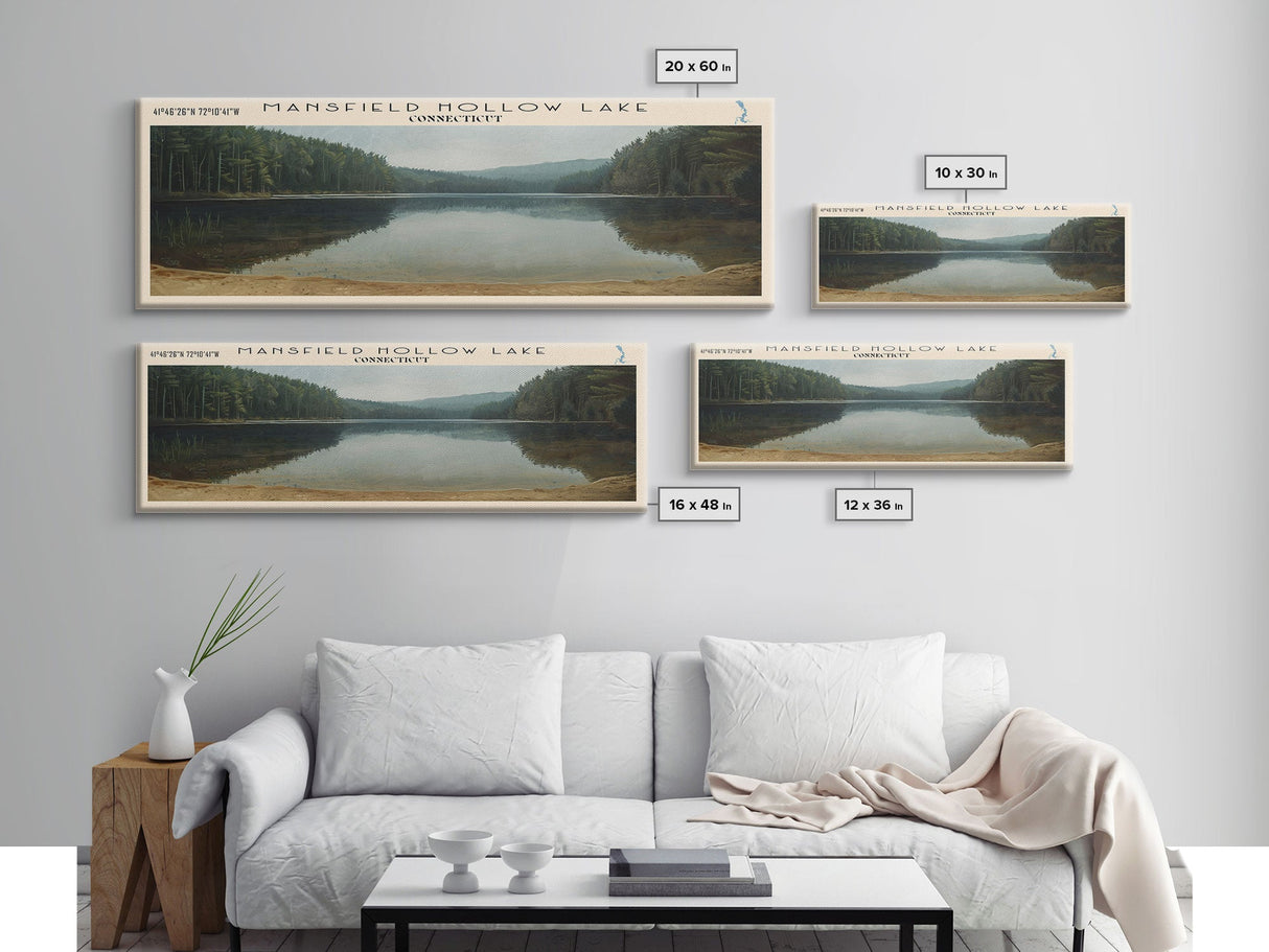 Mansfield Hollow Lake Connecticut Framed Canvas Print, Lake House Decor, Panoramic Wall Art, Travel Poster, Landscape Painting, Contemporary Art