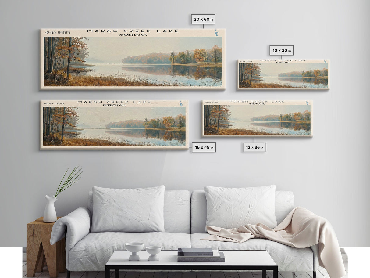 Marsh Creek Lake Pennsylvania Framed Canvas Print, Lake House Decor, Panoramic Wall Art, Travel Poster, Landscape Painting, Modern Art