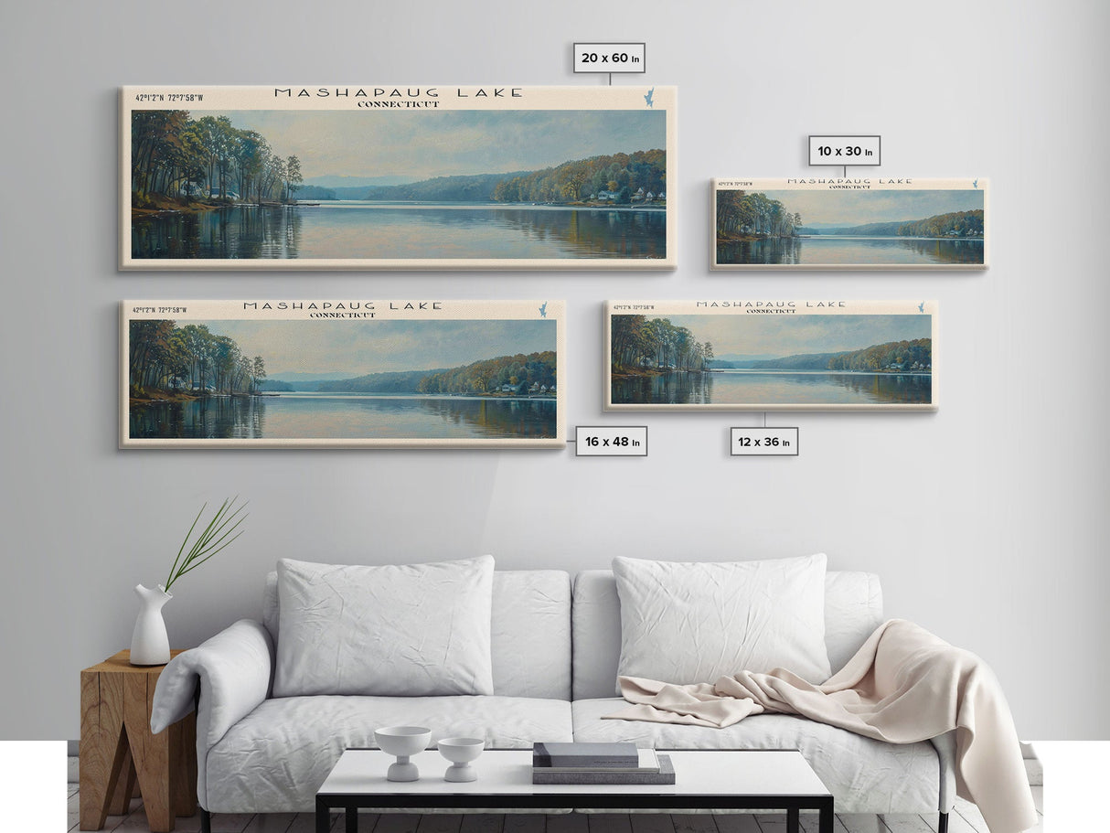 Mashapaug Lake Connecticut Framed Canvas Print, Lake House Decor, Panoramic Wall Art, Travel Poster, Beautiful Landscape Painting, Living Room Decor