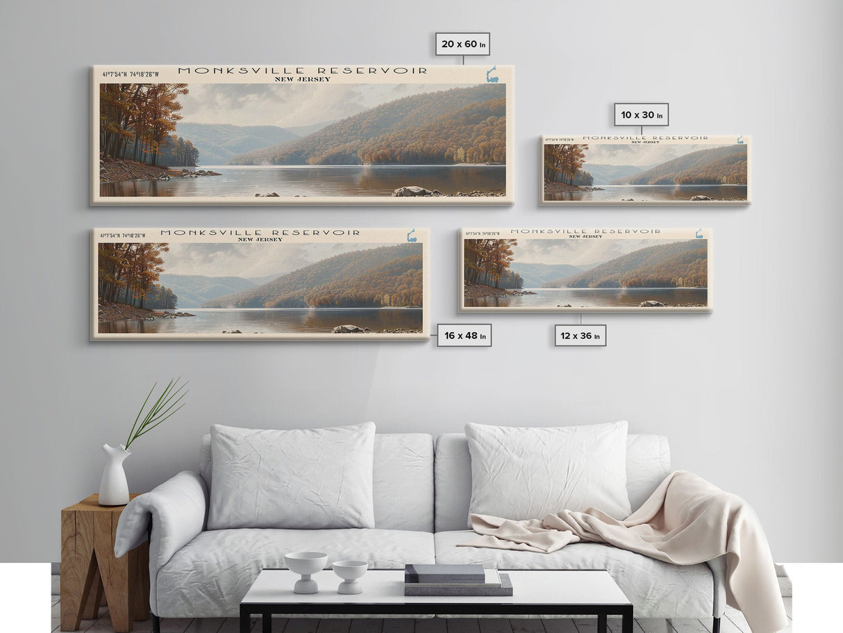 Monksville Reservoir New Jersey Framed Canvas Print, Lake House Decor, Panoramic Wall Art, Travel Poster, Landscape Painting, Bedroom Decor