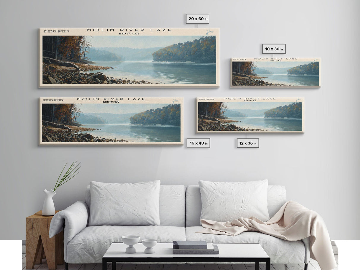 Nolin River Lake Kentucky Framed Canvas Print, Lake House Decor, Panoramic Wall Art, Travel Poster, Landscape Painting, Modern Art