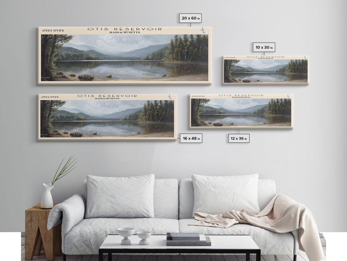 Otis Reservoir Massachusetts Framed Canvas Print, Lake House Decor, Panoramic Wall Art, Travel Poster, Landscape Painting, Bedroom Decor