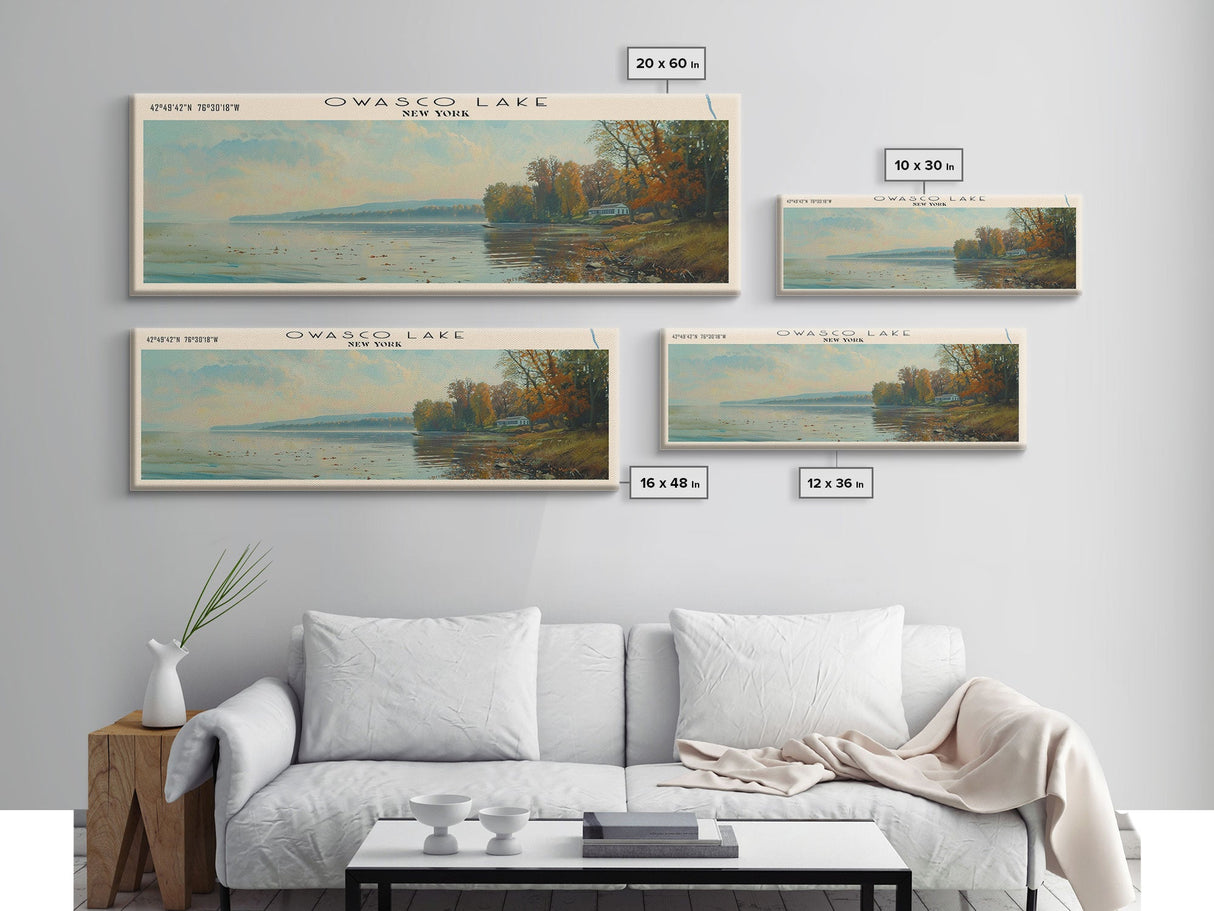 Owasco Lake New York Framed Canvas Print, Lake House Decor, Panoramic Wall Art, Travel Poster, Beautiful Landscape Painting, Modern Art